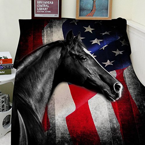 TSlook Throw Blankets Fleece Blanket for Sofa Bed Black Horse Retro American Flag Knight 50" x 72"