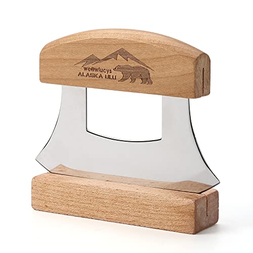 WiuCYS 5inch Alaskan Mezzaluna Ulu Knife, Salad Veggies Rocker Chopper Slicer Cutter Chef Hashing Chopping Mincing Knives Cleaver with Wooden Stand Sheath Arthritic Tool