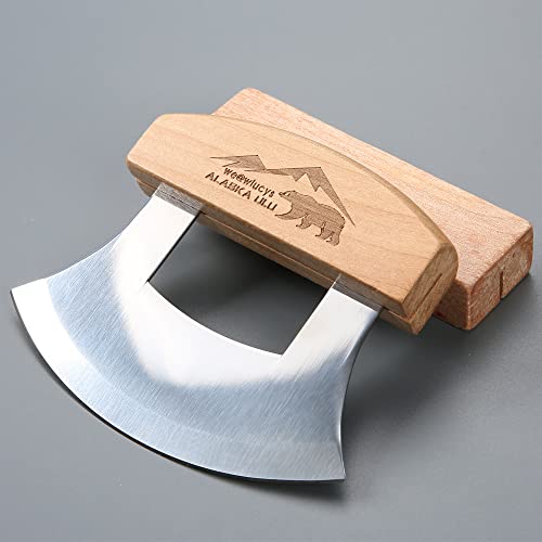 WiuCYS 5inch Alaskan Mezzaluna Ulu Knife, Salad Veggies Rocker Chopper Slicer Cutter Chef Hashing Chopping Mincing Knives Cleaver with Wooden Stand Sheath Arthritic Tool