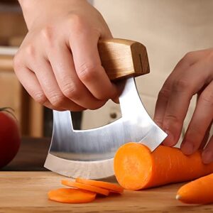 WiuCYS 5inch Alaskan Mezzaluna Ulu Knife, Salad Veggies Rocker Chopper Slicer Cutter Chef Hashing Chopping Mincing Knives Cleaver with Wooden Stand Sheath Arthritic Tool