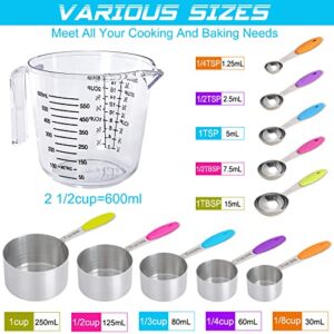 12 PCS Measuring Cups and Spoons Set Stackable Metal Measuring Spoons and Cups in 18/8 Stainless Steel Transparent Measuring Cup and Funnel Used for Dry and Liquid Kitchen Parent-Child Baking Cooking