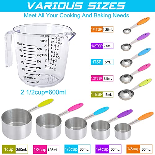 12 PCS Measuring Cups and Spoons Set Stackable Metal Measuring Spoons and Cups in 18/8 Stainless Steel Transparent Measuring Cup and Funnel Used for Dry and Liquid Kitchen Parent-Child Baking Cooking