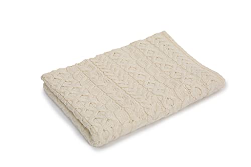 SAOL 100% Merino Wool Heavy Cable Knit Blanket Throw 42" x 62" (106 X 157 cm) (Natural)