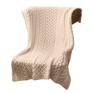 saol 100% merino wool heavy cable knit blanket throw 42" x 62" (106 x 157 cm) (natural)