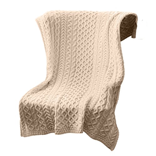 SAOL 100% Merino Wool Heavy Cable Knit Blanket Throw 42" x 62" (106 X 157 cm) (Natural)