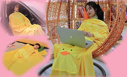 Lee My Plush Wearable Blanket with Sleeves Pocket and Hat, Extra Long Warm Soft and Cozy Functional Cartoon Travel Blanket, Warm and Comfortable Travel Pillow and Blanket Set, duck-35x35cm/14x14in