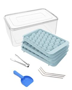 ewritn ice cube tray, round ice ball maker for freezer,circle ice trays making 99pcs with sphere ice balls chilling drinks （3pack blue trays, 3 steel metal straws,1 ice bucket scoop & tong）