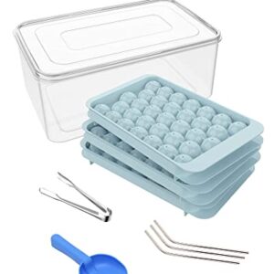 EWRITN Ice Cube Tray, Round Ice Ball Maker for Freezer,Circle Ice Trays Making 99pcs with Sphere Ice Balls Chilling Drinks （3Pack Blue Trays, 3 Steel Metal Straws,1 Ice Bucket Scoop & Tong）