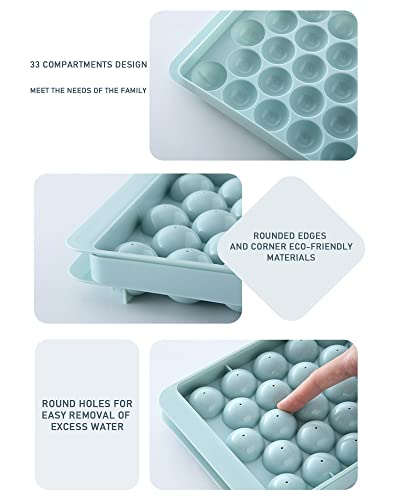 EWRITN Ice Cube Tray, Round Ice Ball Maker for Freezer,Circle Ice Trays Making 99pcs with Sphere Ice Balls Chilling Drinks （3Pack Blue Trays, 3 Steel Metal Straws,1 Ice Bucket Scoop & Tong）