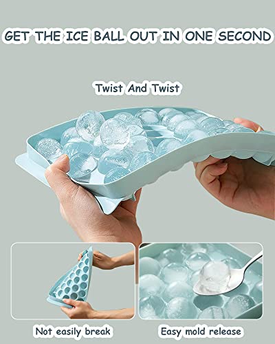 EWRITN Ice Cube Tray, Round Ice Ball Maker for Freezer,Circle Ice Trays Making 99pcs with Sphere Ice Balls Chilling Drinks （3Pack Blue Trays, 3 Steel Metal Straws,1 Ice Bucket Scoop & Tong）