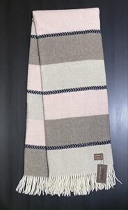 eikei merino wool throw blanket geo wide stripe pattern fringe trim soft woolen afghan style lightweight machine washable cabana stripes scandi style (taupe and pink, 55wx78l)