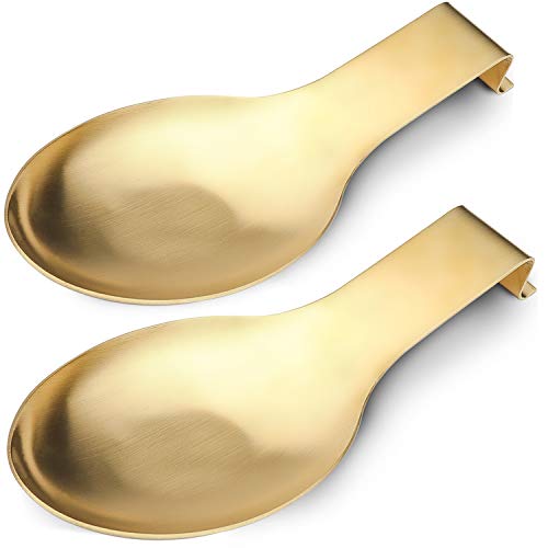 VanlonPro Stainless Steel Spoon Rest, Spatula Ladle Holder, Stainless Steel Utensil Spoon Rest Holder, Brushed Finish, Dishwasher Safe 9.8 x 3.7 Inch (Gold 2PCS)