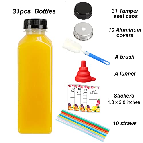 Moretoes 31pcs 16oz Empty Plastic Juice Bottles with Caps, Bulk Clear Beverage Containers for Juicing Drinking Milkshake Tea and Other Beverages