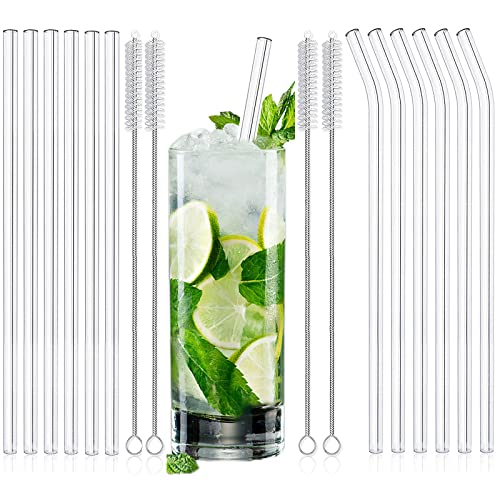 12PCS Reusable Clear Glass Straws shatter resistant Clear Glass Drinking Straw 6 Straight and 6 Bent with 4 Cleaning Brushes Environmentally Friendly Perfect for Smoothies Tea Juice 8.5''x10 MM