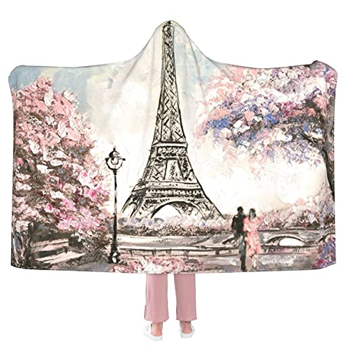 JASMODER Valentine's Day Gift Paris Eiffel Tower Lover Couples Hooded Blanket Anti-Pilling Flannel Wearable Blanket Hoodie-Plush Warm Blanket Throw Blankets Fit for Kids, Adults, Teens