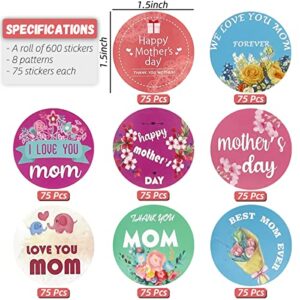 600pcs Happy Mother's Day Stickers, 8 Patterns 1.5 inch Envelope Seals Labels Stickers for Gifts Card Candy Bag Cookie Box Cupcake Dessert Party Favors Decoration