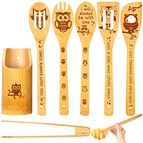 7 Pcs Owl Bamboo Cooking Spoons with Holder, Owl Kitchen Decor Owl Kitchen Gifts Owl Gift Cat Mom Gifts Owl Decor Owl Gifts for Owl Lovers, Women, Bamboo Cooking Housewarming Wedding Birthday