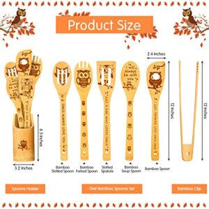 7 Pcs Owl Bamboo Cooking Spoons with Holder, Owl Kitchen Decor Owl Kitchen Gifts Owl Gift Cat Mom Gifts Owl Decor Owl Gifts for Owl Lovers, Women, Bamboo Cooking Housewarming Wedding Birthday