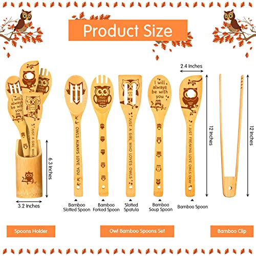 7 Pcs Owl Bamboo Cooking Spoons with Holder, Owl Kitchen Decor Owl Kitchen Gifts Owl Gift Cat Mom Gifts Owl Decor Owl Gifts for Owl Lovers, Women, Bamboo Cooking Housewarming Wedding Birthday