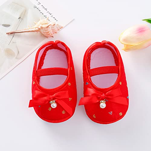 Lykmera Princess Walking Shoes for Baby Girl Pearl Sole Shoes Hanging Bow Sneaker Shoes Walking Shoes for Toddler Baby Girl (Red, 0-3Months)