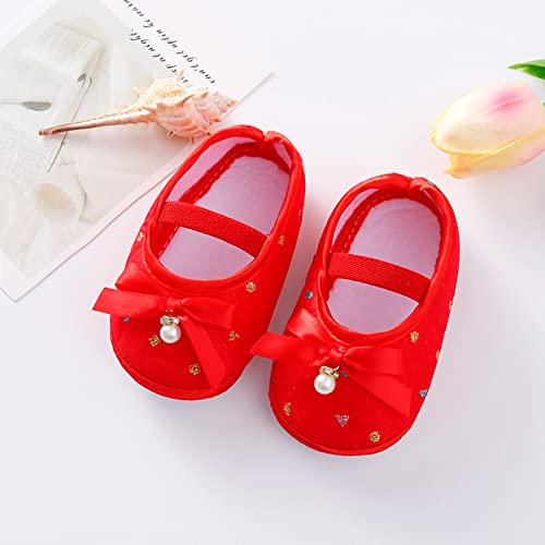 Lykmera Princess Walking Shoes for Baby Girl Pearl Sole Shoes Hanging Bow Sneaker Shoes Walking Shoes for Toddler Baby Girl (Red, 0-3Months)