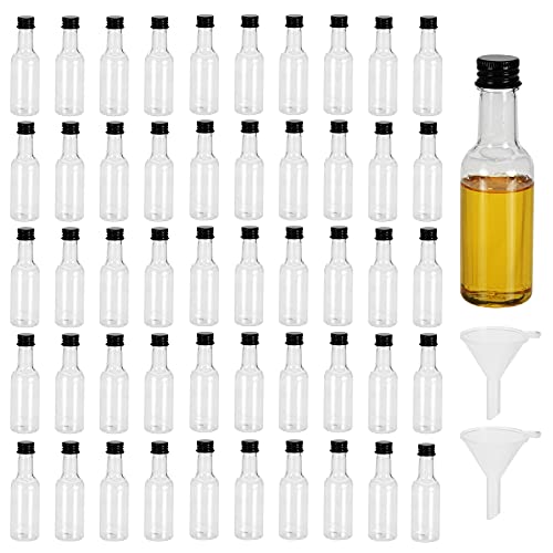 Cedilis 50 Pack 1.7floz Mini Liquor Bottles with Funnels, Airtight Plastic Spirit Bottle with Black Cap, Little Empty Clear Alcohol Shot Bottles, Miniature Bottles for Baby Shower, Weddings(50ml)