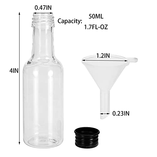 Cedilis 50 Pack 1.7floz Mini Liquor Bottles with Funnels, Airtight Plastic Spirit Bottle with Black Cap, Little Empty Clear Alcohol Shot Bottles, Miniature Bottles for Baby Shower, Weddings(50ml)