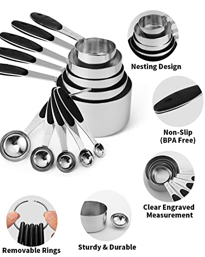 Joyhill Stainless Steel Measuring Cups and Spoons Set of 10 Piece, Nesting Metal Measuring Cups Set with Soft Touch Silicone Handles for Dry and Liquid Ingredients, Cooking & Baking (Black)