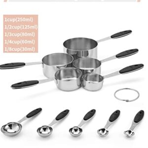 Joyhill Stainless Steel Measuring Cups and Spoons Set of 10 Piece, Nesting Metal Measuring Cups Set with Soft Touch Silicone Handles for Dry and Liquid Ingredients, Cooking & Baking (Black)