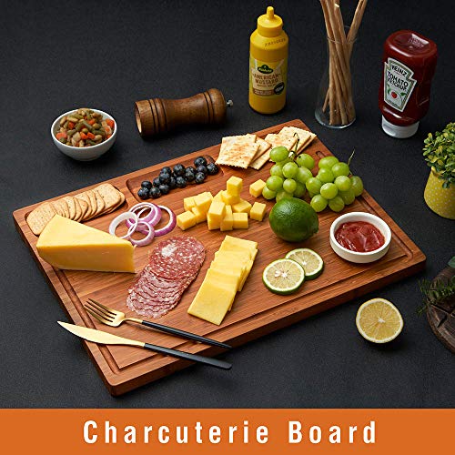 Large Bamboo Wood Cutting Board for Kitchen, Cheese Charcuterie Board with 3 Built-in Compartments and Juice Grooves, Butcher Block (17x12.6")