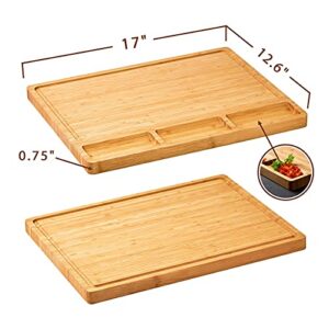 Large Bamboo Wood Cutting Board for Kitchen, Cheese Charcuterie Board with 3 Built-in Compartments and Juice Grooves, Butcher Block (17x12.6")