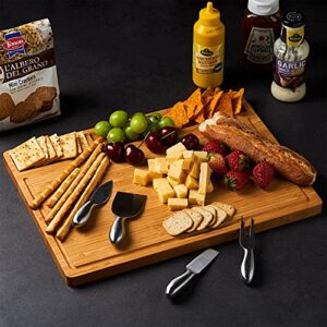 Large Bamboo Wood Cutting Board for Kitchen, Cheese Charcuterie Board with 3 Built-in Compartments and Juice Grooves, Butcher Block (17x12.6")
