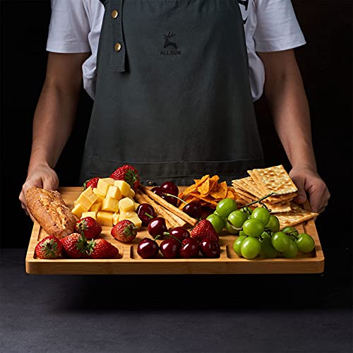 Large Bamboo Wood Cutting Board for Kitchen, Cheese Charcuterie Board with 3 Built-in Compartments and Juice Grooves, Butcher Block (17x12.6")
