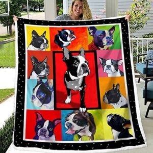 bedmust boston terrier blanket colorful painting animal pet plush blanket cute puppy dog cozy fleece blanket boston terrier decor gifts for women (50x60 inches)