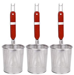 lawei 3 packs mesh pasta basket with wooden handle stainless steel mesh spider strainer for pasta, noodles, dumpling