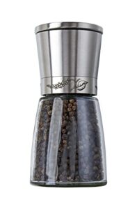 manual pepper and salt grinder (spice mill) with adjustable ceramic blades. glass body with stainless steel. easy to fill, use and clean, 6oz.