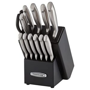 farberware self-sharpening 13-piece knife block set with edgekeeper technology, high carbon-stainless steel kitchen knives, razor-sharp knife set with wood block, black
