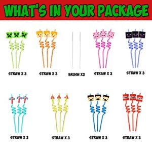 NITELUO 24Pcs Miner Craft Birthday Party Supplies Reusable Drinking Straws,8 Designs Pixel Themed Party Favors with 2 Cleaning Brush MWXG