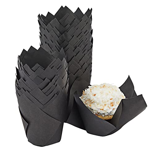 100 Piece Black Tulip Cupcake Liners Set for Wedding Receptions, Birthday Parties, Graduation Celebrations, Baby Showers, Medium Baking Wrappers (2 x 3.5 Inches)