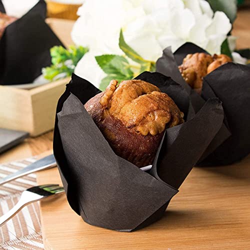 100 Piece Black Tulip Cupcake Liners Set for Wedding Receptions, Birthday Parties, Graduation Celebrations, Baby Showers, Medium Baking Wrappers (2 x 3.5 Inches)