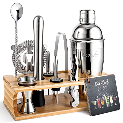 Bartender Kit Cocktail Shaker Set with Stand Bar Tool Bar Set for Drink Mixing Home Bartending Kit 11-Piece Bar Cart Accessories: Martini Shaker, Mixer Spoon, Jigger, Muddler, Strainer & Recipes Gifts