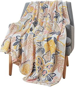 decorative boho throw blanket: soft plush velvet fleece floral damask accent for sofa couch chair bed or dorm, colored: tan pink yellow grey black white
