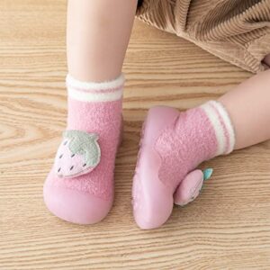 Lykmera Infant Boys Girls Animal Cartoon Socks Shoes Toddler Fleece WarmThe Floor Socks Non Slip Prewalker Shoes Socks (Pink, 12-18 Months)