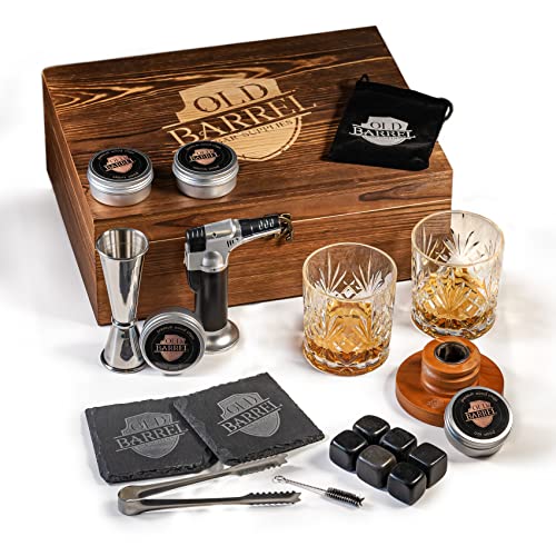 Cocktail Smoker Kit with Torch - Whiskey Smoker Kit with 4 Flavors Wood Chips, Old Fashioned Cocktail Kit Birthday Bourbon Barware Gifts for Men, Dad, Husband (No Butane) Old Barrel Bar Supplies