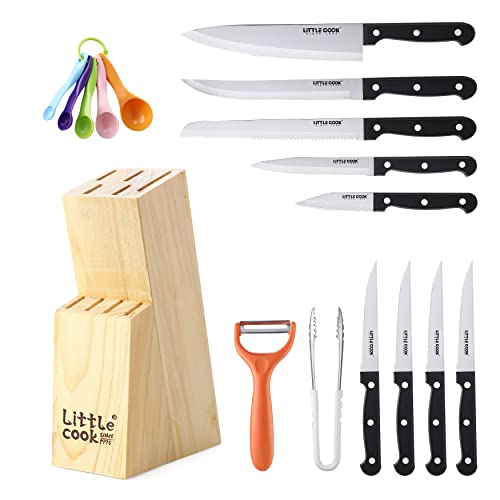 Knife Set, Little Cook 17 PCS Kitchen knife set, German Stainless Steel Chef Knife Set, Knife Sets for Kitchen with Block