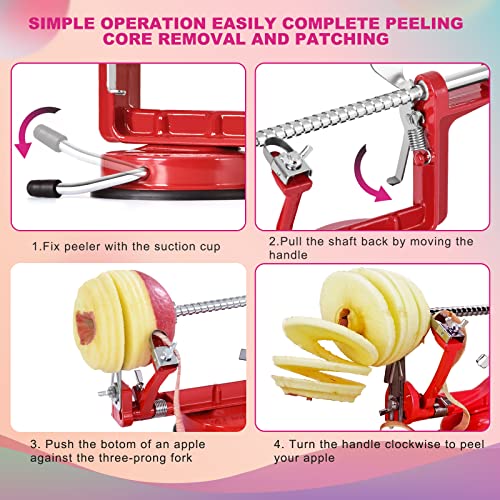 Apple Peeler, Stainless Steel Apple Corer Slicer Peeler, Durable Heavy Duty Die Cast Magnesium Alloy Apple Peeler Slicer Corer with Suction Base(Red)