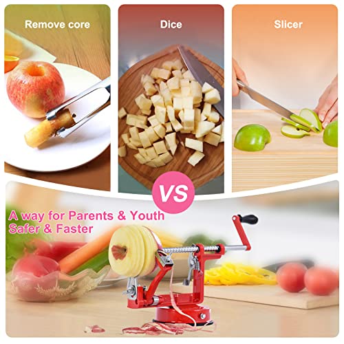 Apple Peeler, Stainless Steel Apple Corer Slicer Peeler, Durable Heavy Duty Die Cast Magnesium Alloy Apple Peeler Slicer Corer with Suction Base(Red)