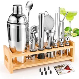 freoiheti 30 piece cocktail shaker set, cocktail bartender kit bar drink tool set with stylish bamboo stand cocktail recipes booklet - silver