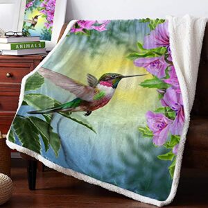comfort her zon sherpa fleece throw blanket 49 x 59 inches spring hummingbird bird flower fuzzy soft flannel blanket reversible ultra luxurious plush blanket for bed couch sofa- pink floral animal