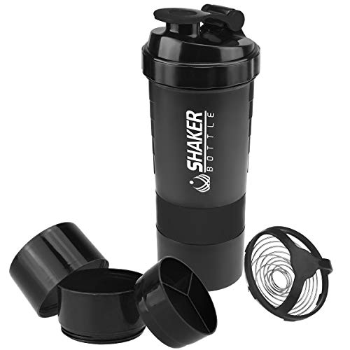 VIGIND Protein Shaker Bottle,Sports Water Bottle,Leak Proof Shake Bottle For Protein Mixer- Non Slip 3 Layer Twist Off 3oz Cups with Pill Tray - Protein Powder 16 oz Shake Cup with Storage,Black